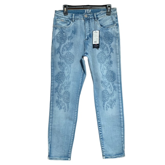 FDJ French Dressing Jeans Olivia Slim Ankle Sky Blue Floral Embroidered Jeans 10 - Picture 1 of 14